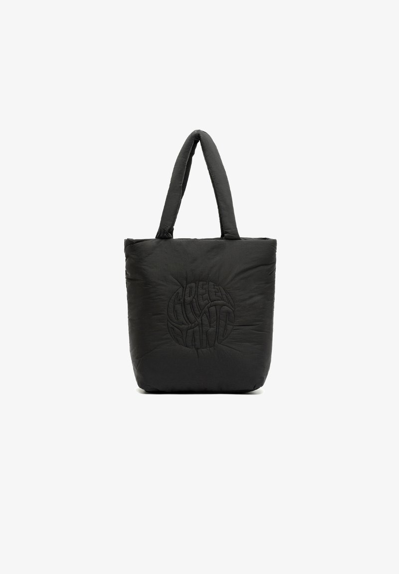 Musta tikattu tarjouskassi, jossa on kaksi kahvaa, etupuolella kohokuvioitu "vihreä kasvi" -logo. Pehmeä rakenne, suorakaiteen muotoinen.