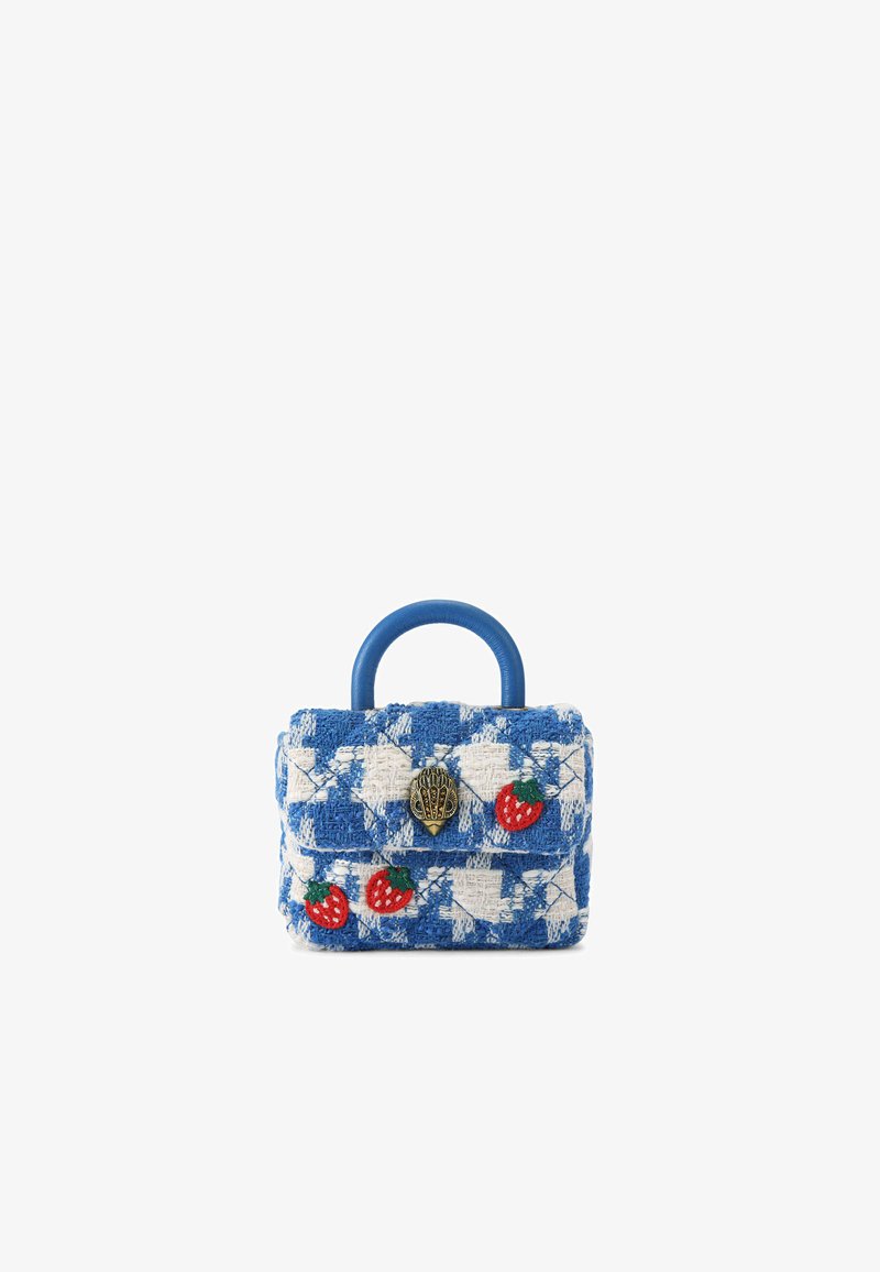 Blue and white checkered handbag made of textured fabric, featuring red strawberry appliqués and a blue handle. Brass hardware detail included.
