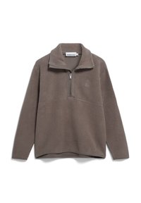 Lichtbruine fleece pullover met een kwart rits kraag, voornaad detail en een klein logo geborduurd op de linkerkant van de borst. Zachte textuur.