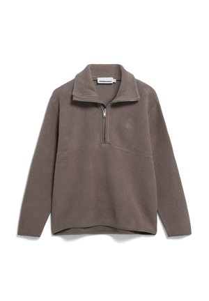 Light brown fleece pullover with a quarter zip collar, front seam detail, and small logo embroidered on the left chest. Soft texture.