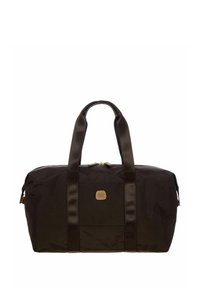 Borsa da viaggio nera con manici in tessuto doppio, texture liscia e chiusura a zip. Presenta un piccolo logo in rilievo sulla tasca frontale.