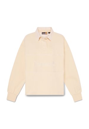 Pull-over crème avec un col à revers, des manches longues et une broderie de logo à l'avant. Caractérisé par une coupe décontractée et une texture douce avec une couleur unie.