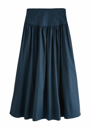 A knee-length, dark blue cotton skirt with a fitted waistband and gathered pleats, featuring a smooth texture and a flared design.