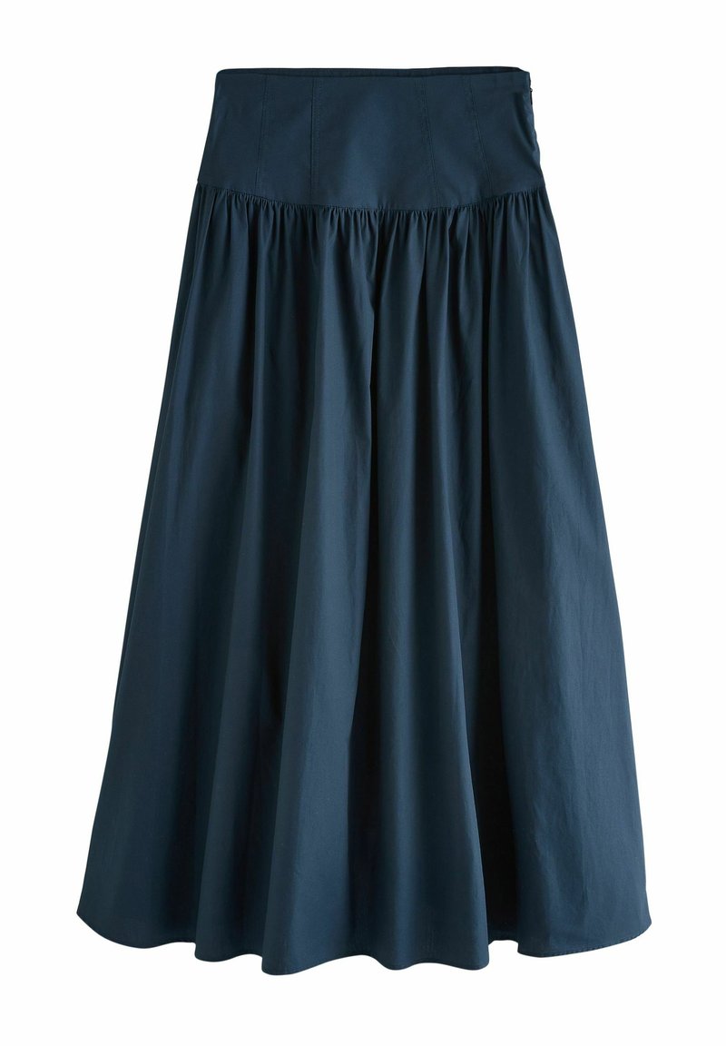 Une jupe en coton bleu foncé, arrivant au genou, avec une taille ajustée et des plis froncés, présentant une texture lisse et un design évasé.