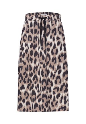 Jupe midi avec imprimé léopard beige, marron et noir et taille à cordon noir.