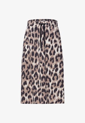 Jupe midi avec imprimé léopard beige, marron et noir et taille à cordon noir.
