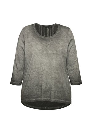 Maglia grigia a maniche lunghe con scollatura rotonda, caratterizzata da una trama sfumata e un orlo asimmetrico. Realizzata in un materiale morbido e leggero.