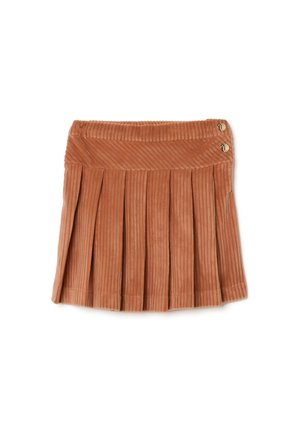 Bruine corduroy plisséskirt met een gestructureerd oppervlak. Heeft een geribbelde tailleband en twee gouden knopen aan de zijkant.