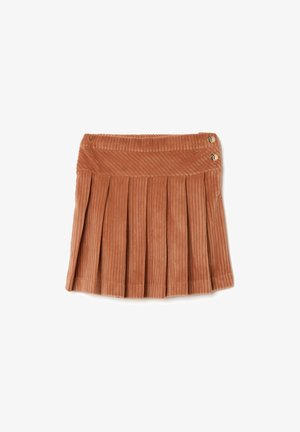 Jupe plissée en velours côtelé marron avec une surface texturée. Présente une taille côtelée et deux boutons en or sur le côté.