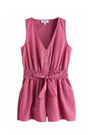 Rosa gestreifter ärmelloser Jumpsuit mit V-Ausschnitt, Knopfleiste, elastischem Bund und gebundener Taille. Glatte Textur mit subtiler Rippenstruktur.