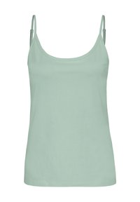 Mint green tank top with spaghetti straps, made from soft material. Features a rounded neckline and a relaxed fit. No patterns or embellishments.