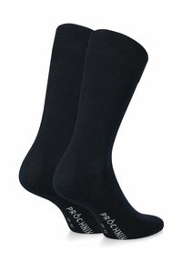 Ciemnoniebieskie skarpetki bawełniane z prążkowanymi ściągaczami i wzmocnionymi piętami. Posiadają białe logo na podeszwie. Standardowa długość sięgająca do kostki.