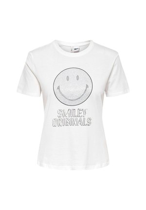 Witte katoenen t-shirt met een grote zwarte glimlachende gezichtsafbeelding en de tekst "SMILEY ORIGINALS" in een vetgedrukte lettertype onder het ontwerp.