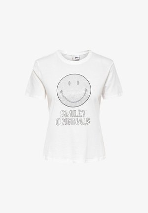 Witte katoenen t-shirt met een grote zwarte glimlachende gezichtsafbeelding en de tekst "SMILEY ORIGINALS" in een vetgedrukte lettertype onder het ontwerp.