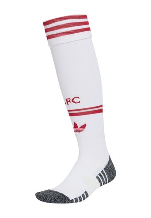 Calcetín blanco hasta la rodilla con rayas rojas y texto "LFC", con un logo rojo de Adidas trefoil y zonas acolchadas negras en los dedos y el talón.