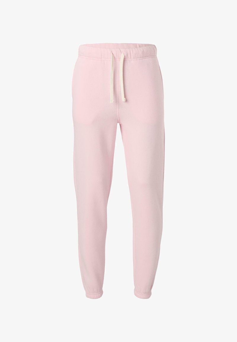 Pantalon de survêtement rose clair fuselé avec ceinture élastique, cordon blanc et poignets élastiques aux chevilles.