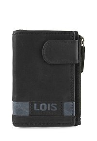 Billetera de cuero negro con un bolsillo con cremallera y una banda de acento azul. Cuenta con un cierre magnético y un logotipo en relieve en la parte frontal. Diseño compacto.