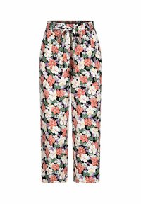 Pantalons légers à imprimé floral avec un fond noir, ornés de fleurs roses, blanches et violettes, taille élastique avec cordon de serrage.