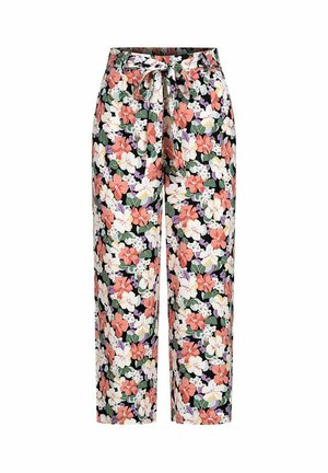 Pantalons légers à imprimé floral avec un fond noir, ornés de fleurs roses, blanches et violettes, taille élastique avec cordon de serrage.