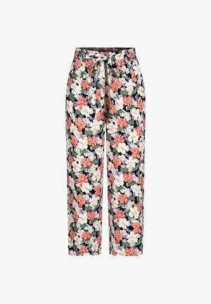 Bloemendruk, lichtgewicht broeken met een zwarte achtergrond, voorzien van roze, witte en paarse bloemen, elastische tailleband met koord.