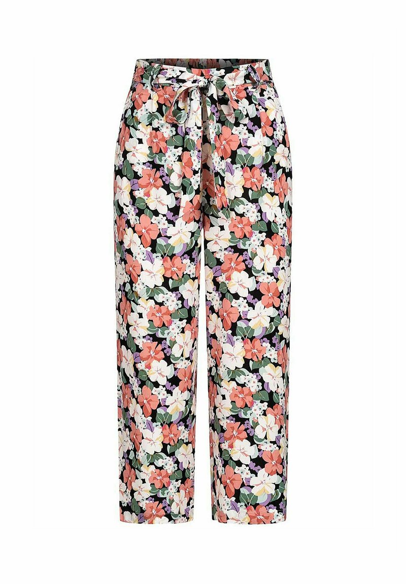Pantalons légers à imprimé floral avec un fond noir, ornés de fleurs roses, blanches et violettes, taille élastique avec cordon de serrage.