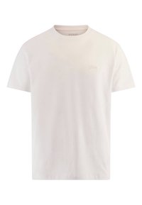 T-shirt en coton blanc avec un col rond, des manches courtes et un logo subtil au centre. Texture lisse et design épuré.