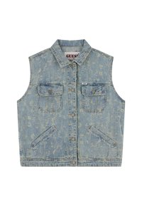 Jeansowa kamizelka w jasnoniebieskim kolorze o postarzanym wykończeniu. Posiada zapięcie na guziki, dwie kieszenie na piersi oraz dwie kieszenie boczne. Bez rękawów.