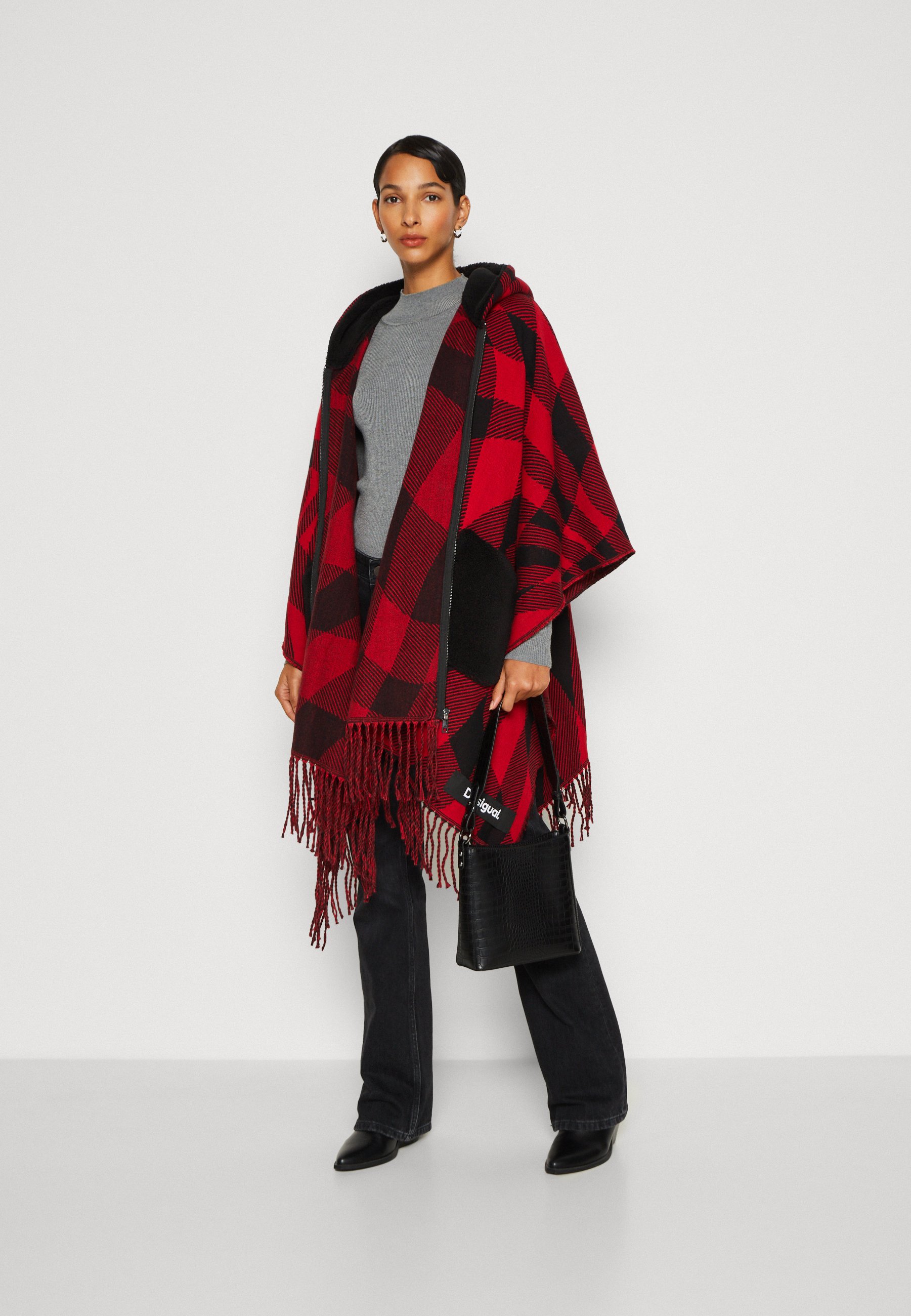 Desigual PONCHO CHECKYS ARENAL ZIPPER Poncho dark red rojo oscuro Zalando.es