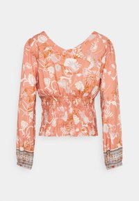 Blommig blus med lång ärm i korallfärg med smockad midja och mönstrade manschetter. Har intrikata botaniska tryck i pastellfärger på lättviktigt tyg.