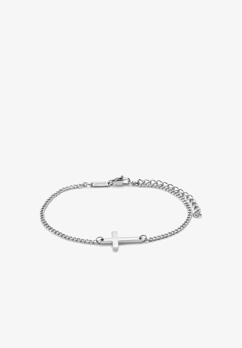 Fint sølvkædearmbånd med et vandret kors-vedhæng og lås med justerbare led.