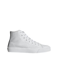White high-top sneaker with canvas upper, round toe, and rubber sole. Features serrated side stripes and metal eyelets for laces.