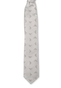 Cravatta grigio argento con un motivo testurizzato caratterizzato da piccole forme di logo ripetute. Realizzata in un tessuto liscio con una finitura elegante.