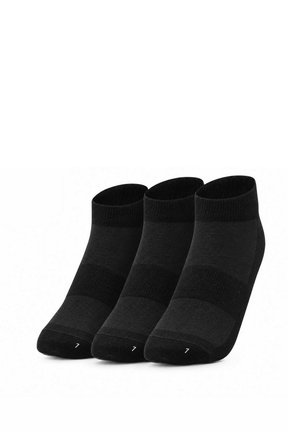 Drei schwarze Knöchelsocken Seite an Seite angeordnet mit der Größenangabe 7 auf den Zehen gedruckt.