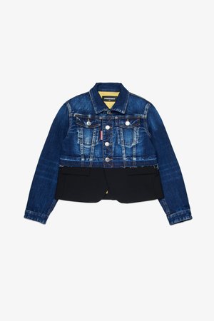 Lühendatud denimgiacket tumehallis pesus, allosas kontrastsest mustast kangast, hõbedast nupud ja kaks rinna taskut.
