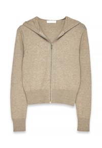 Beige zip-up hoodie med ribbat avslut och mudd, med en fodrad huva och en mjuk textur. Lämplig för vardagsbruk.