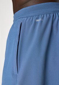 Zilas sporta bikses ar vieglu audumu. Tām ir acetātu josta un neliels logo "DRY Cell" izšūts pie jostas.