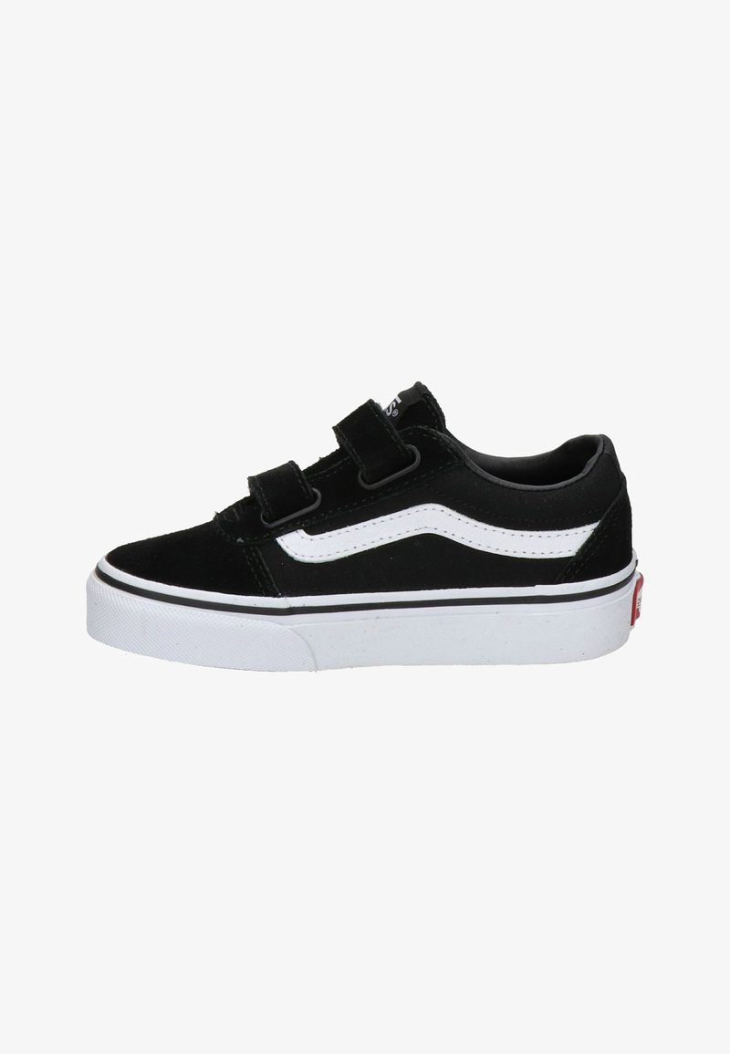 Zapatillas de ante negro con acentos blancos, que presentan un diseño clásico de Vans, doble tira de velcro y una suela de goma blanca con una etiqueta de logo roja.
