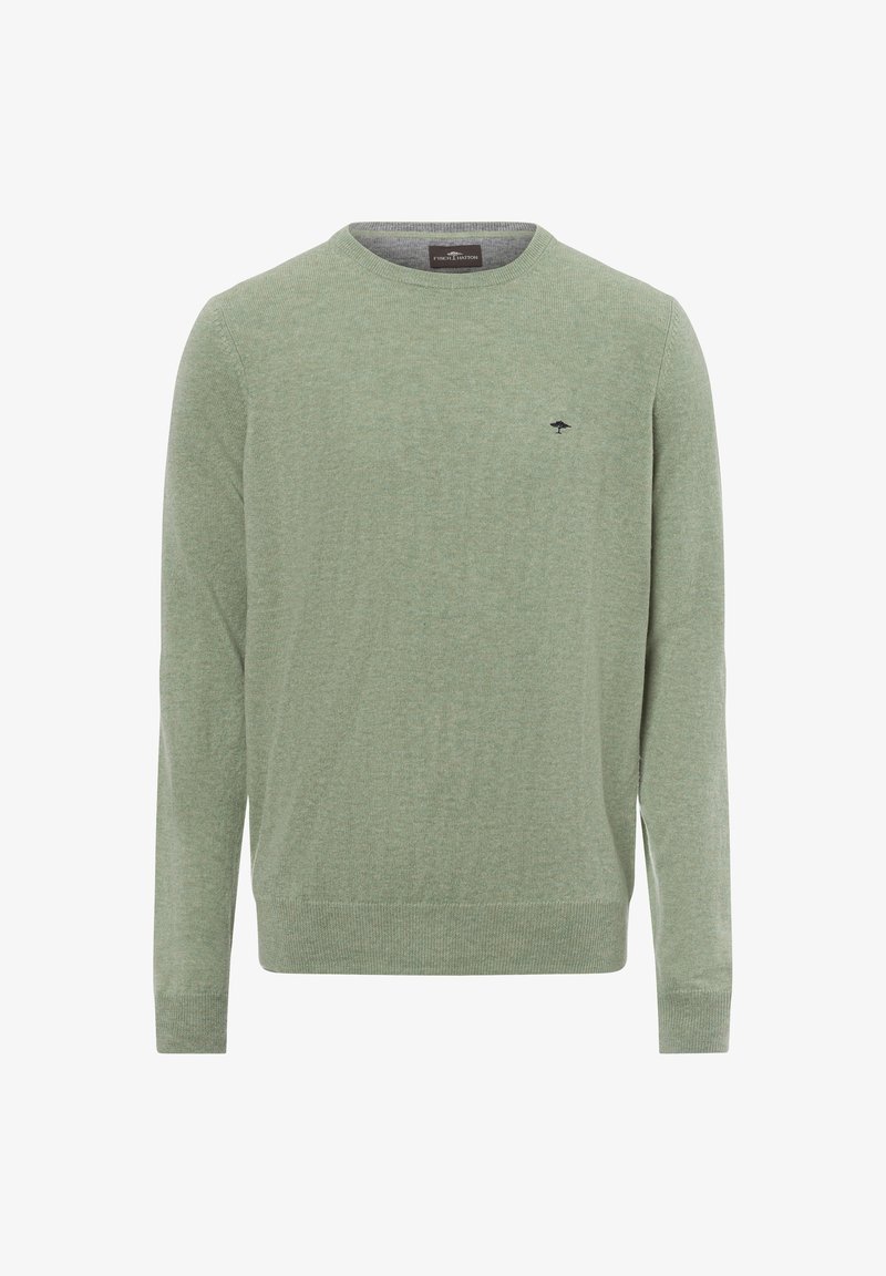 Grüner Strickpullover mit Rundhalsausschnitt und langen Ärmeln. Besitzt eine strukturierte Oberfläche und ein kleines Logo-Detail auf der Brust.