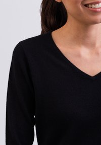 Schwarzer Kaschmirpullover mit V-Ausschnitt und langen Ärmeln, der eine weiche Textur und ein schlankes Design präsentiert.