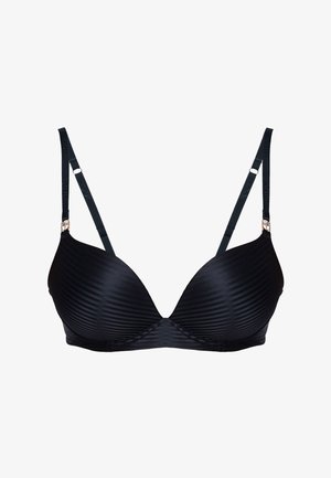 Musta toppaamaton rintaliivit, joissa on teksturoidut vaakasuorat raidat ja säädettävät olkaimet, yksinkertaisella valkoisella taustalla.