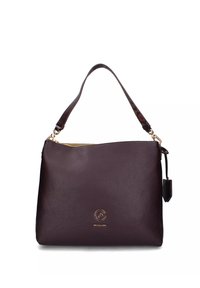 Borsa a tracolla in pelle marrone scuro con una sola tracolla, zip dorata e un piccolo logo dorato al centro davanti.