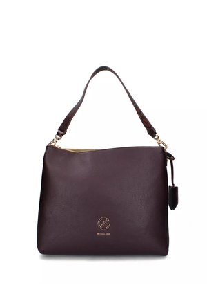 Borsa a tracolla in pelle marrone scuro con una sola tracolla, zip dorata e un piccolo logo dorato al centro davanti.