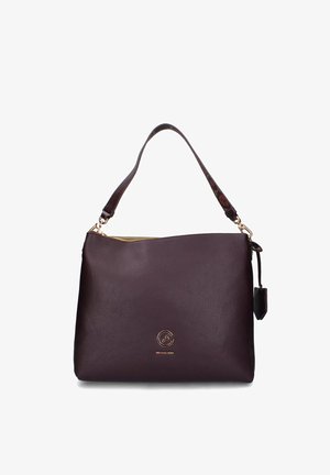 Borsa a tracolla in pelle marrone scuro con una sola tracolla, zip dorata e un piccolo logo dorato al centro davanti.