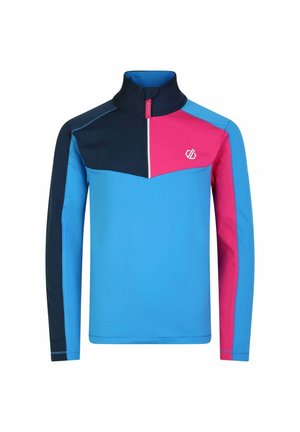Langärmliger Pullover in Blau mit marineblauen und rosa Akzenten. Hoher Kragen, Reißverschluss vorne, Farbblockdesign und Logo auf der Brust.