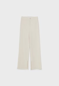 Wide-leg trousers in a light beige fabric, featuring a front button closure, side pockets, and slits at the hem. Smooth texture.