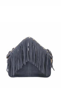 Franje tas in donkerblauw suede met een driehoekige vorm. Bevat gouden hardware, een lange franjen accent en een schouderriem. Soepele textuur.