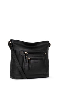 Borsa a tracolla in pelle nera con dettagli in zip dorati, due tasche anteriori con zip, una texture morbida e una tracolla regolabile.