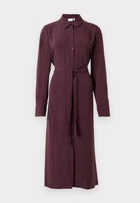 Long-sleeve, button-up midi dress in dark plum with collar and matching fabric belt tied at the waist.