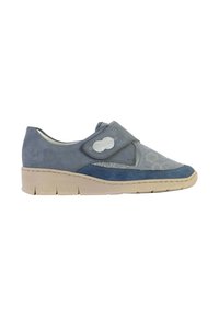 Chaussure décontractée bleue et grise avec semelle beige, motif paisley à l'avant et bande Velcro avec un élément décoratif en argent.