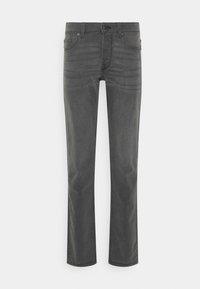 Jeans de denim cinza com corte straight leg, apresentando cinco bolsos e fecho de botão. O tecido tem uma textura subtil e um acabamento desbotado.